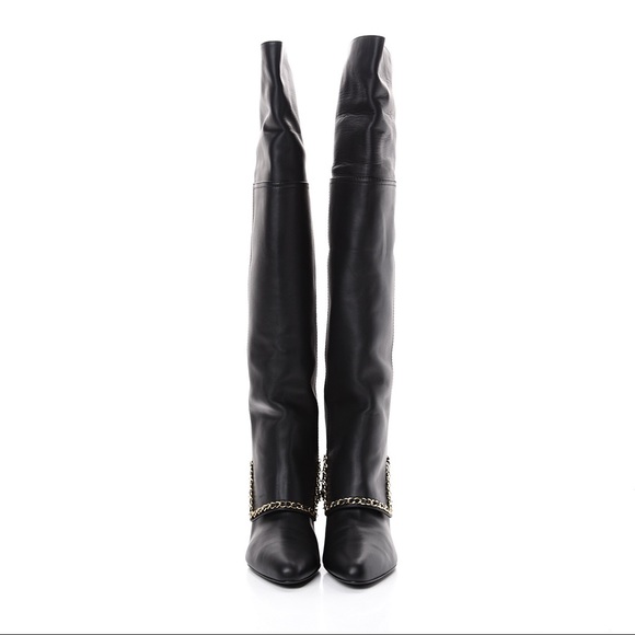 Chanel black leather knee high boots 39,5 g chain - Picture 3 of 16